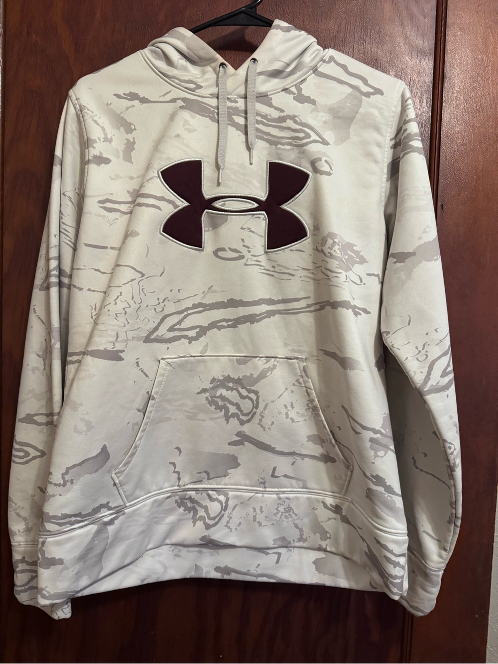 Under Armour Men’s White & Gray Camo Hoodie with Maroon Logo